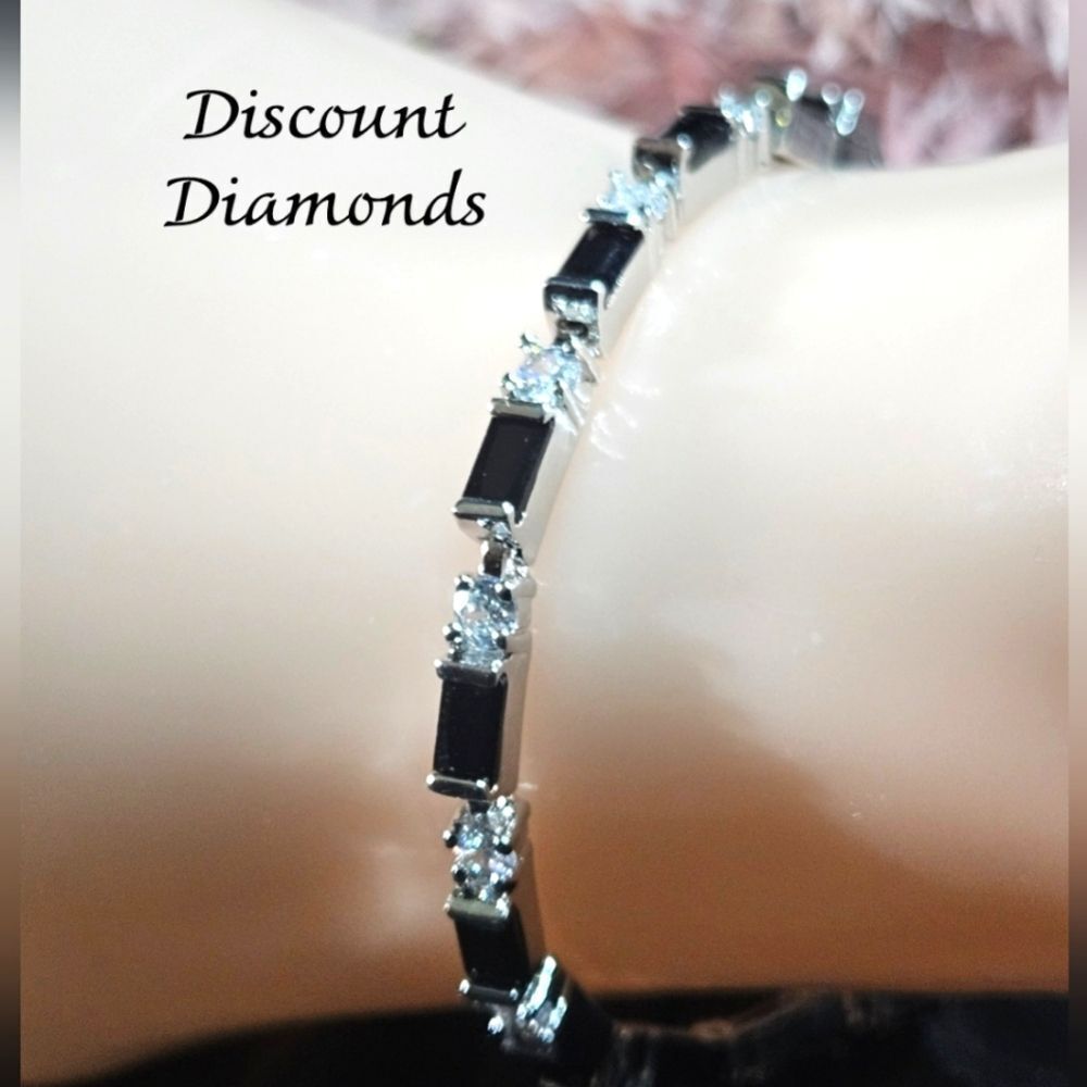 Silver 925 Tennis Bracelet Black Diamonds & White Baguette Diamonds  